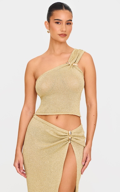 Gold Lurex Knit Trim Detail One Shoulder Top