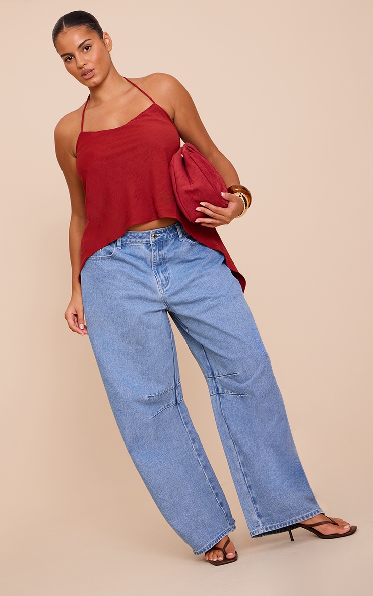 Plus Deep Red Floaty Woven Split Hem Spaghetti Strap Top image 3