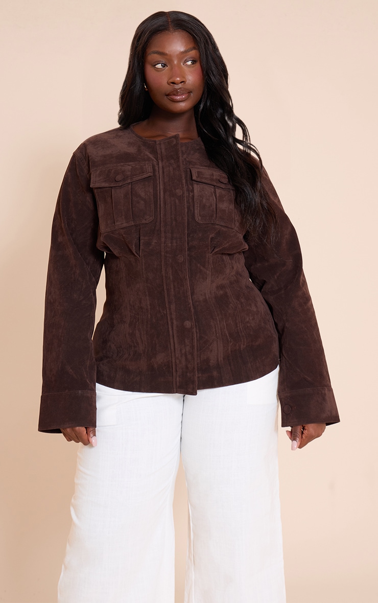 Plus Chocolate Faux Suede Cinch Waist Covered Button Jacket image 1