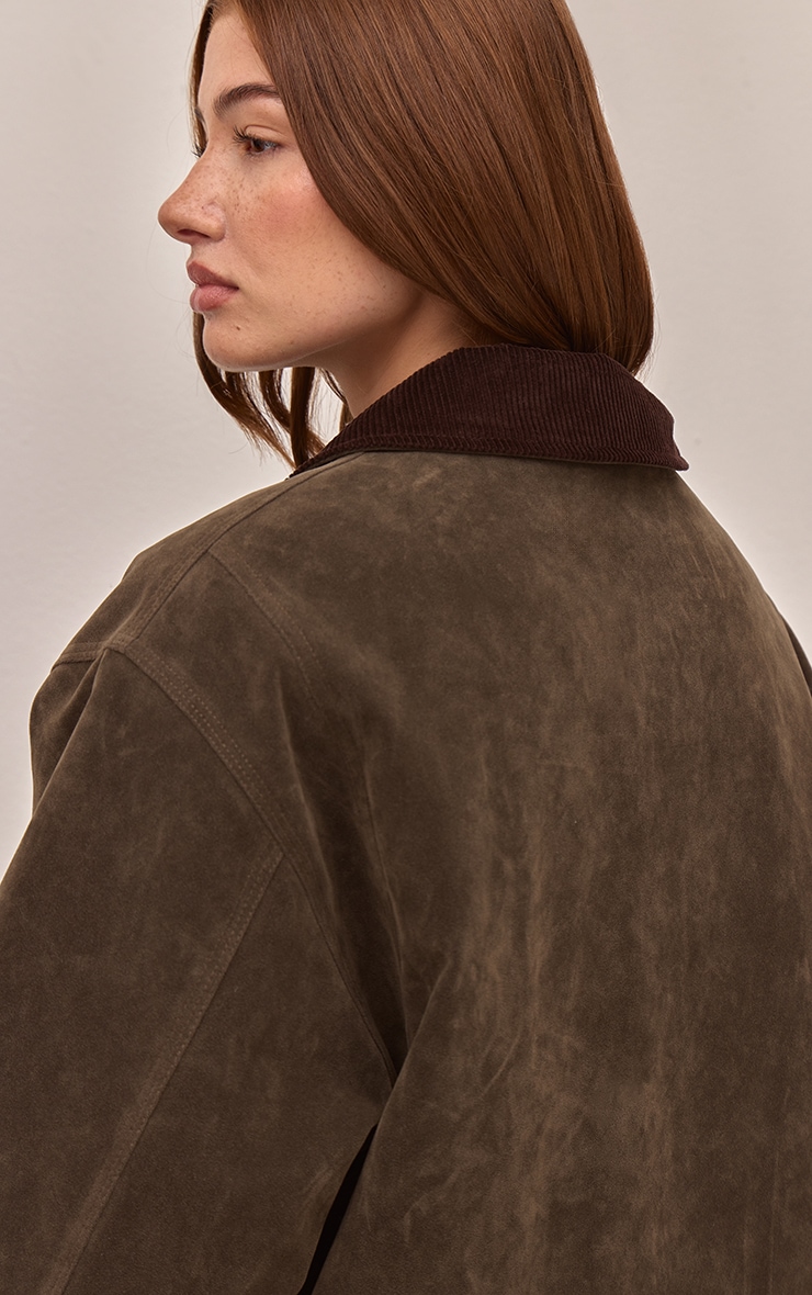 Khaki Faux Suede Contrast Collar Jacket image 2