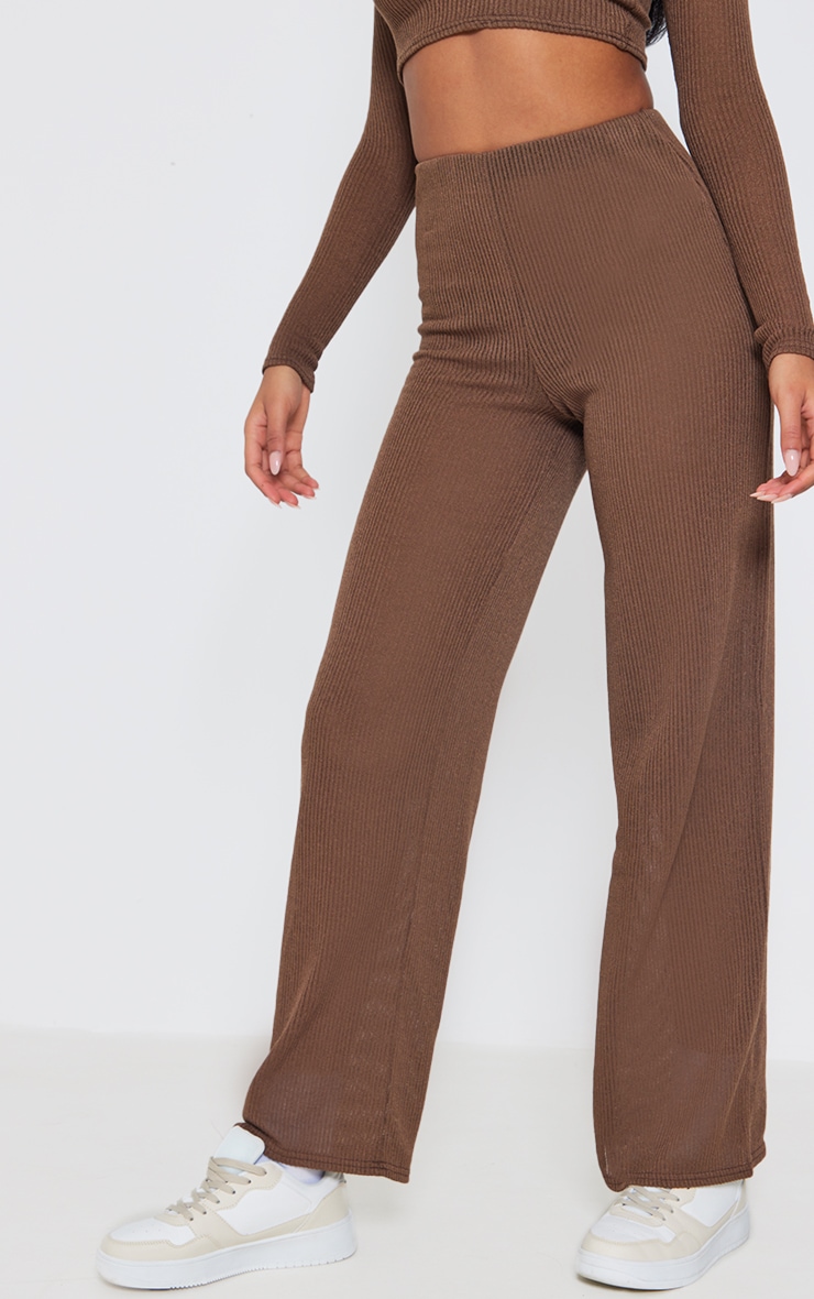 Tall Mocha Brown Ribbed Sheer Flared Trousers image 2