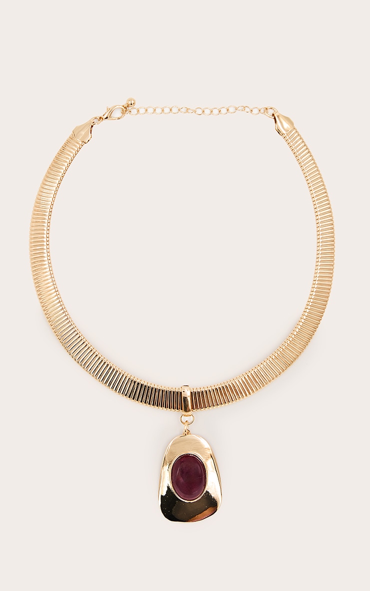 Gold Smooth Burgundy Stone Pendant Necklace image 2