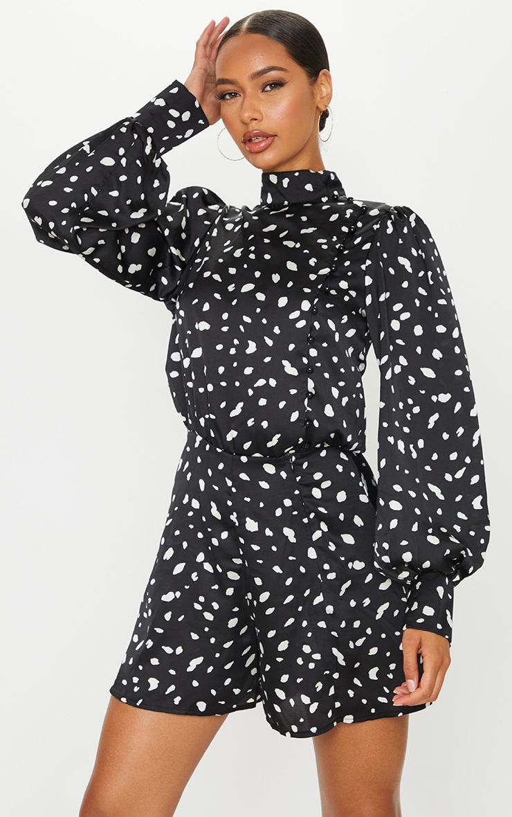 Black Dalmatian Print High Neck Puff Sleeve Romper