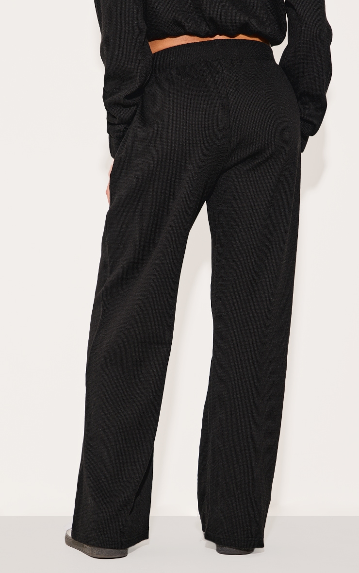 Black Waffle Detail Wide Leg Pants image 3