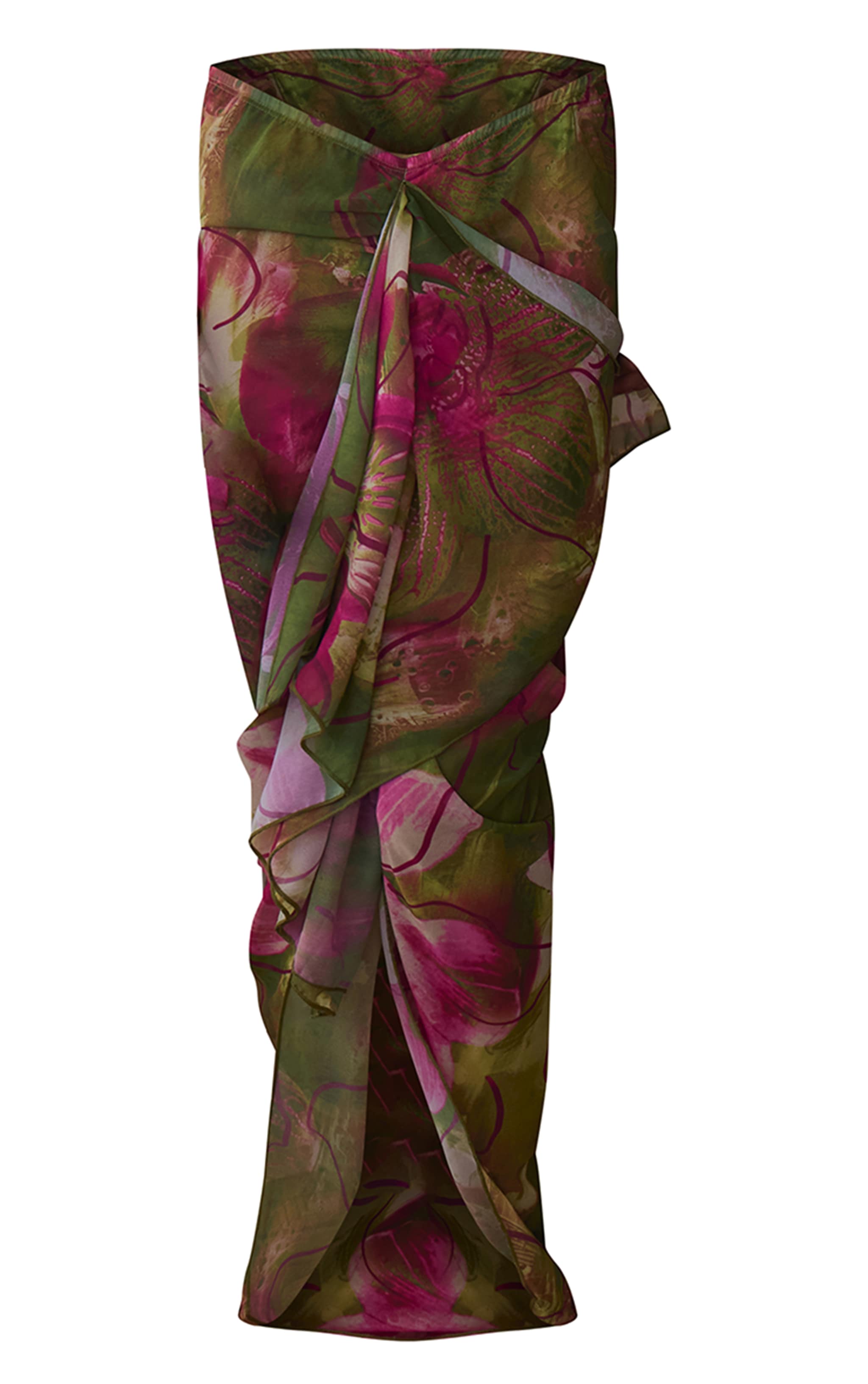 Olive Orchid Print Chiffon Knot Front Maxi Beach Skirt image 5