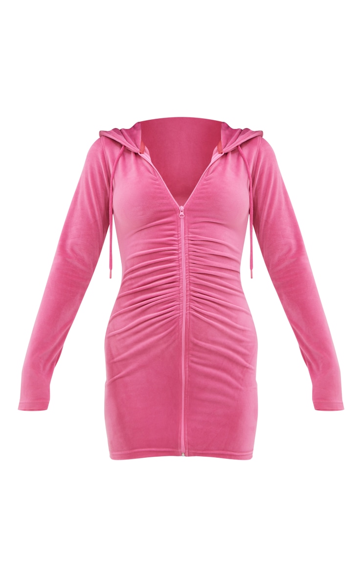 PRETTYLITTLETHING Hot Pink Velour Zip Through Hooded Bodycon Dress image 5