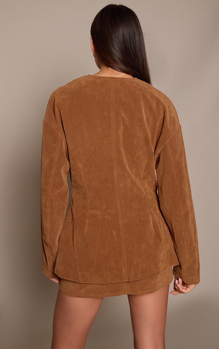 Deep Taupe Suede Collarless Cocoon Sleeve Blazer image 2