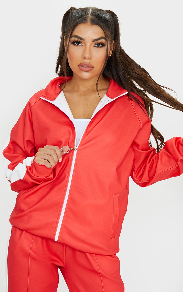 Red Cut Out Shoulder Detail Stripe Side Zip Through Sweat Top