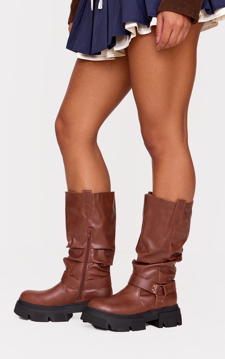 Tan Round Toe Buckle Knee High Chunky Boots image 2