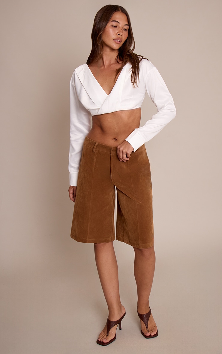 White Satin Bardot Twist Front Crop Blouse image 3
