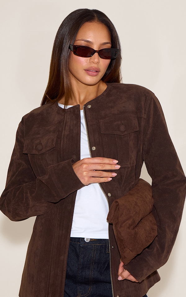 Tall Chocolate Faux Suede Covered Button Cinch Waist Jacket