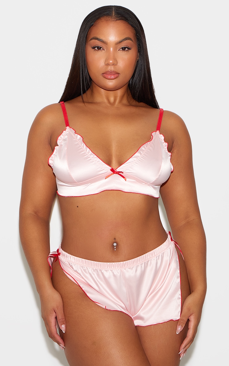 Plus Pink Cami Short Contrast Trim Satin PJ Set image 3