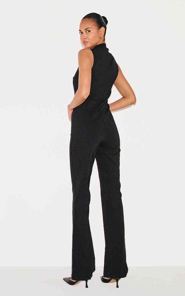 Black Stretch Woven Collared Gold Trim Straight Leg Jumpsuit image 2