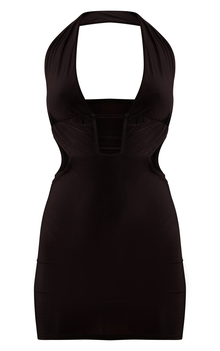 Chocolate Slinky Ruched Bust Detail Halter Bodycon Dress image 5