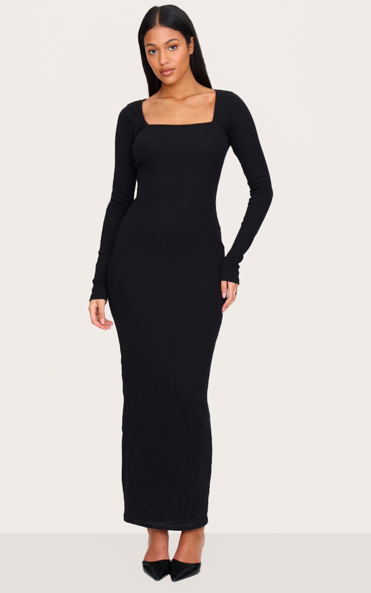 Tall Black Square Neck Long Sleeve Rib Maxi Dress