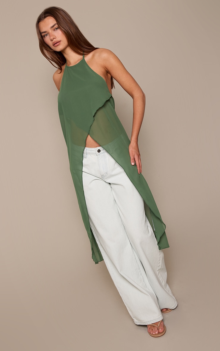 Green Chiffon Split Hem Flowy Long Top