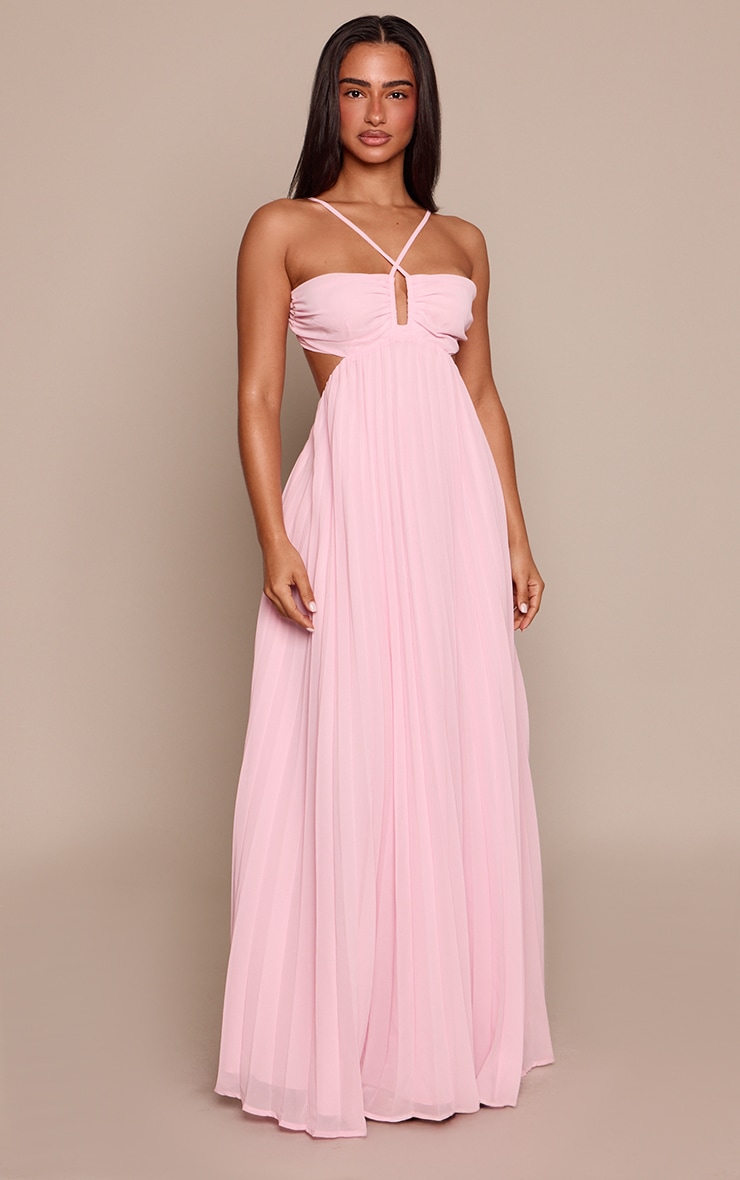 Petite Pink Pleated Tie Front Cut Out Waist Bandeau Maxi Dress