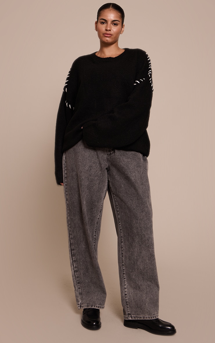 Plus Black Blanket Stitch Knit Jumper image 3