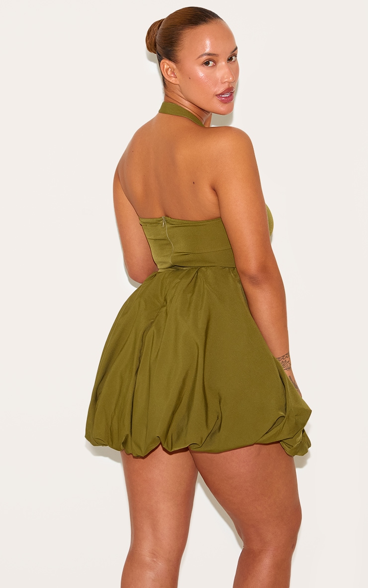 Plus Khaki Buckle Detail Halterneck Puffball Mini Dress image 2