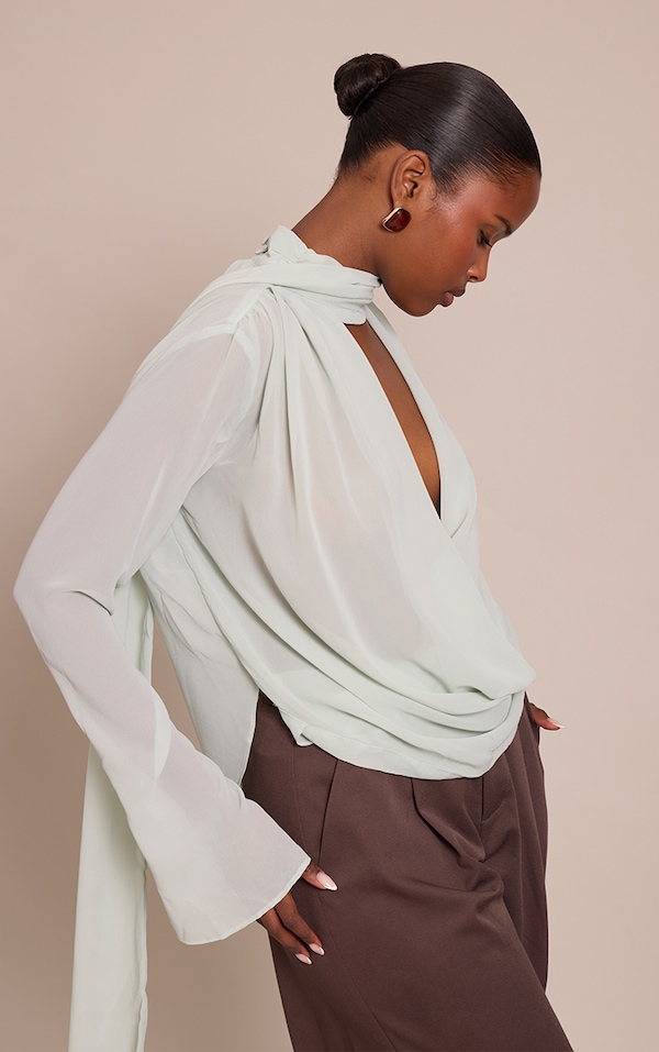 Dusty Blue Chiffon Scarf Detail Extreme Cowl Neck Blouse