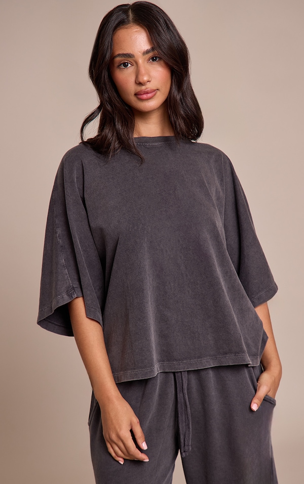 Petite Charcoal Acid Wash Oversized Boxy Tshirt