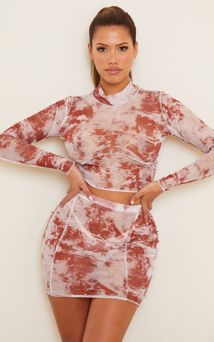 Shape Rust Tie Dye Mesh Seam Detail Crop Top