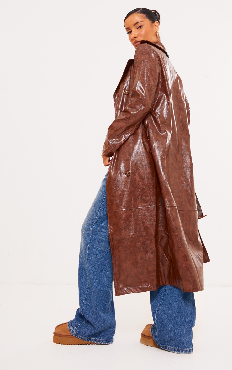 Brown Distressed Faux Leather Double Breasted Trench Coat image 2