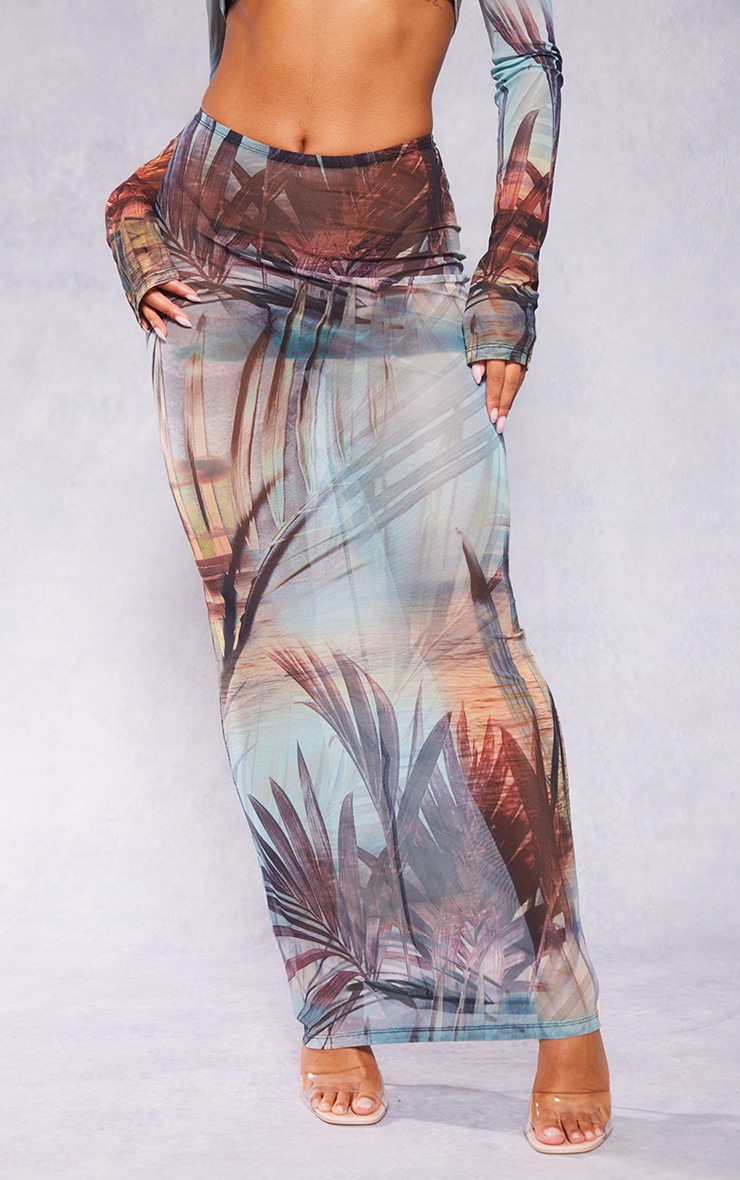 Teal Leaf Printed Mesh Low Rise Maxi Skirt image 2