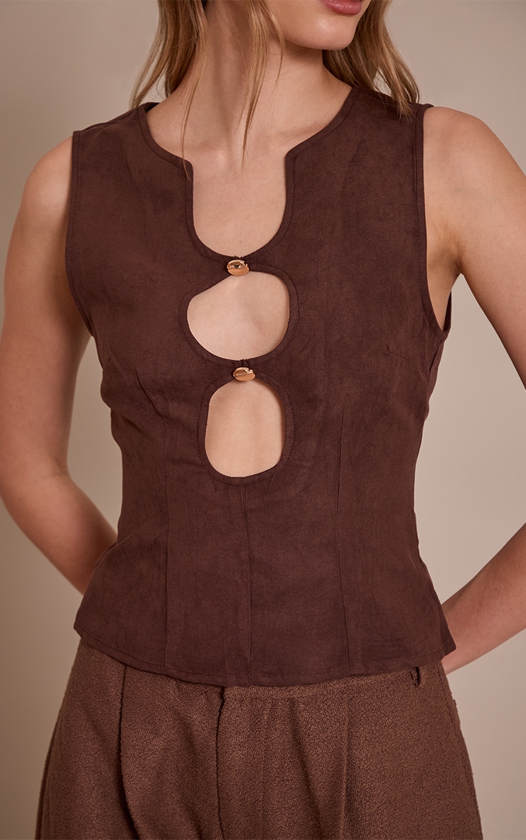 Brown Faux Suede Fitted Cut Out Long Top image 4