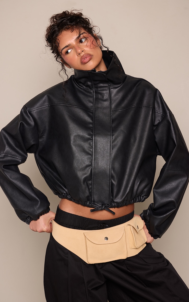Black PU Bubble Hem Funnel Neck Jacket