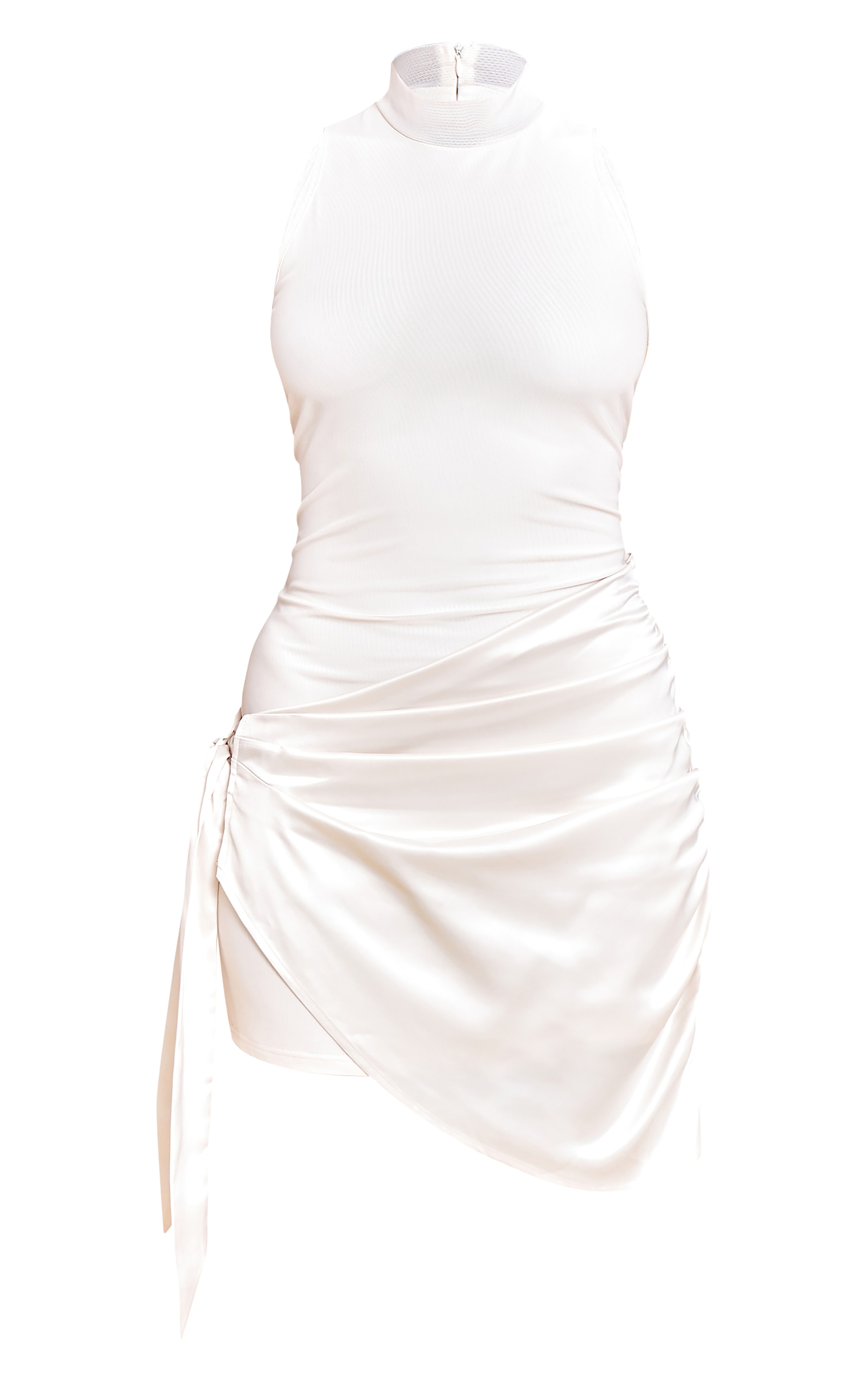 Cream High Neck Satin Drape Mini Dress image 5