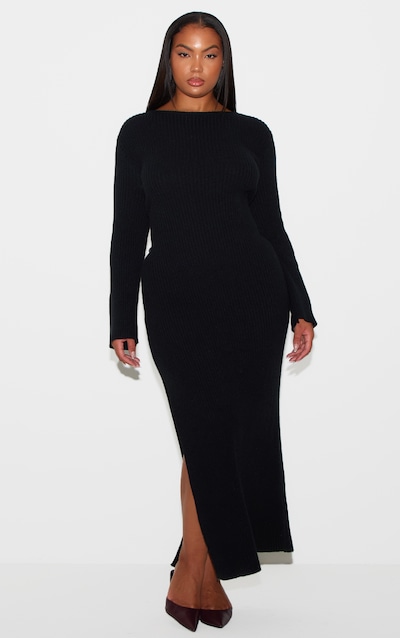 Plus Robe longue en maille tricot côtelée noire à manches longues et dos échancré