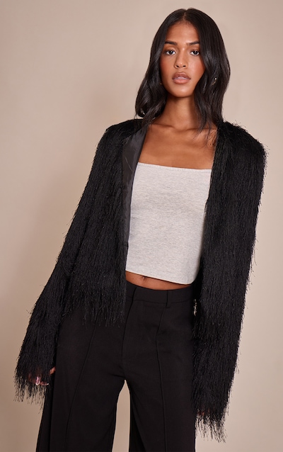Tall Black Collarless Fringe Jacket