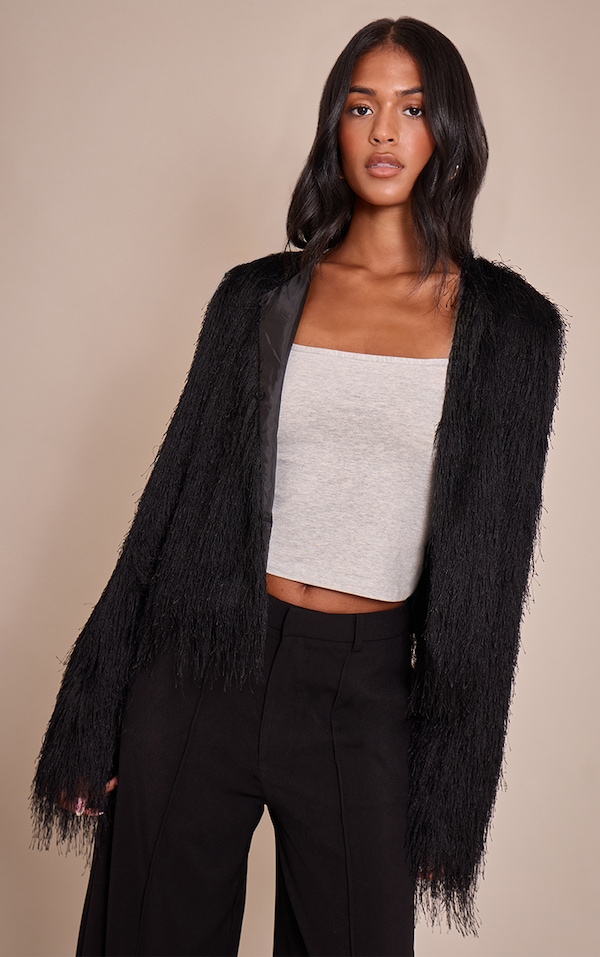 Tall Black Collarless Fringe Jacket