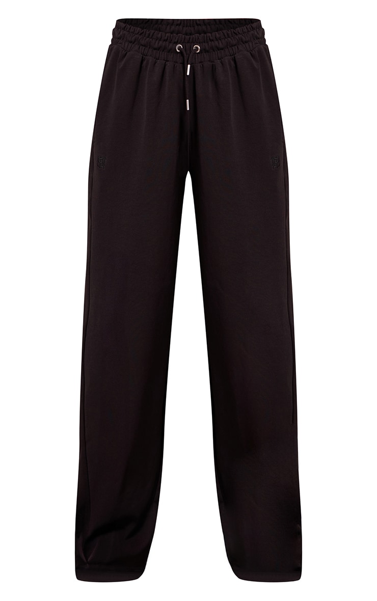 Tall Black Embroidered Interlock Rib Panel Wide Leg Sweatpants image 5