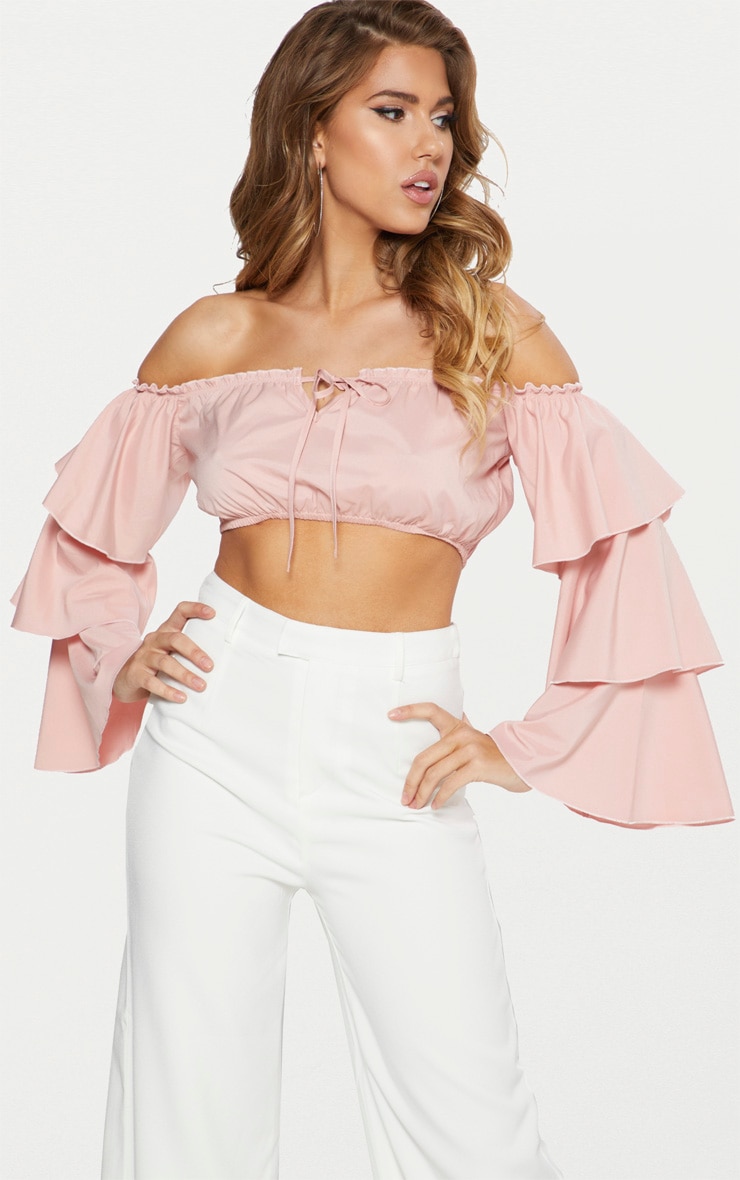 Pink Bardot Frill Sleeve Crop Shirt image 1