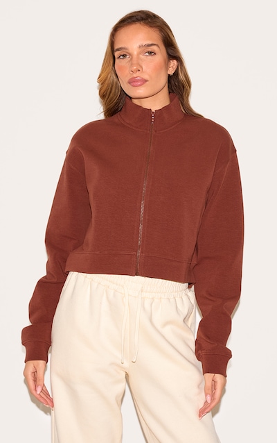 Sweat deluxe tissé chocolat à épaules carrées et zip
