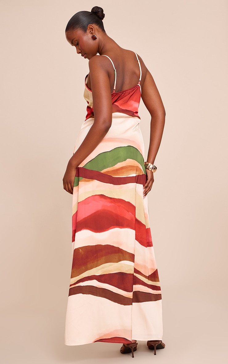 Cream Abstract Satin Scoop Neck Spaghetti Strap Maxi Dress image 2
