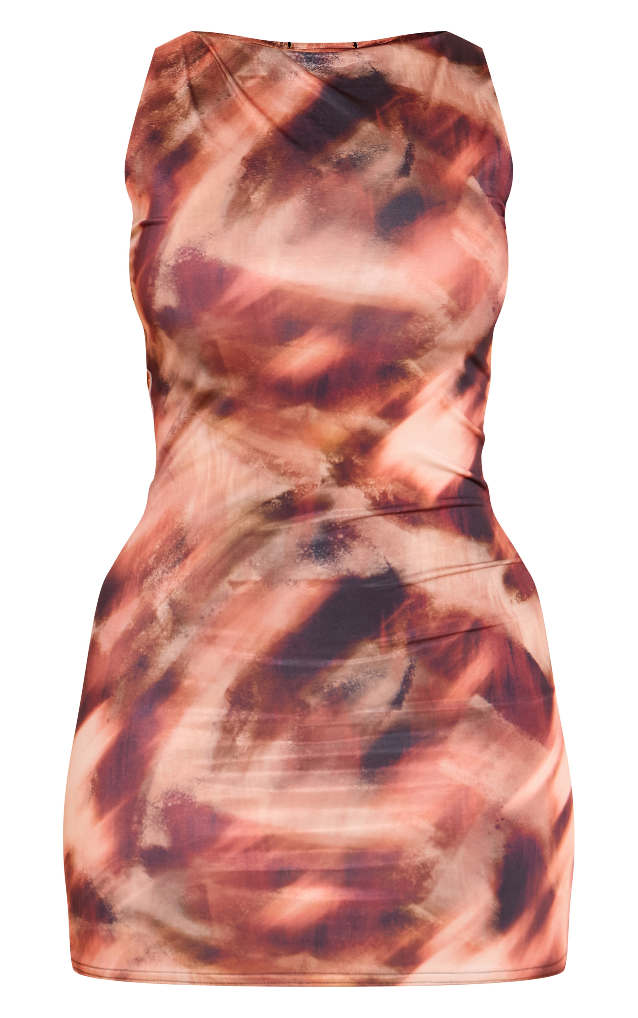 Shape Brown Abstract Print Slinky Slash Neck Bodycon Mini Dress image 5