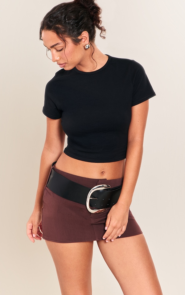 Black Cotton Crew Neck Cropped Short Sleeve T-shirt