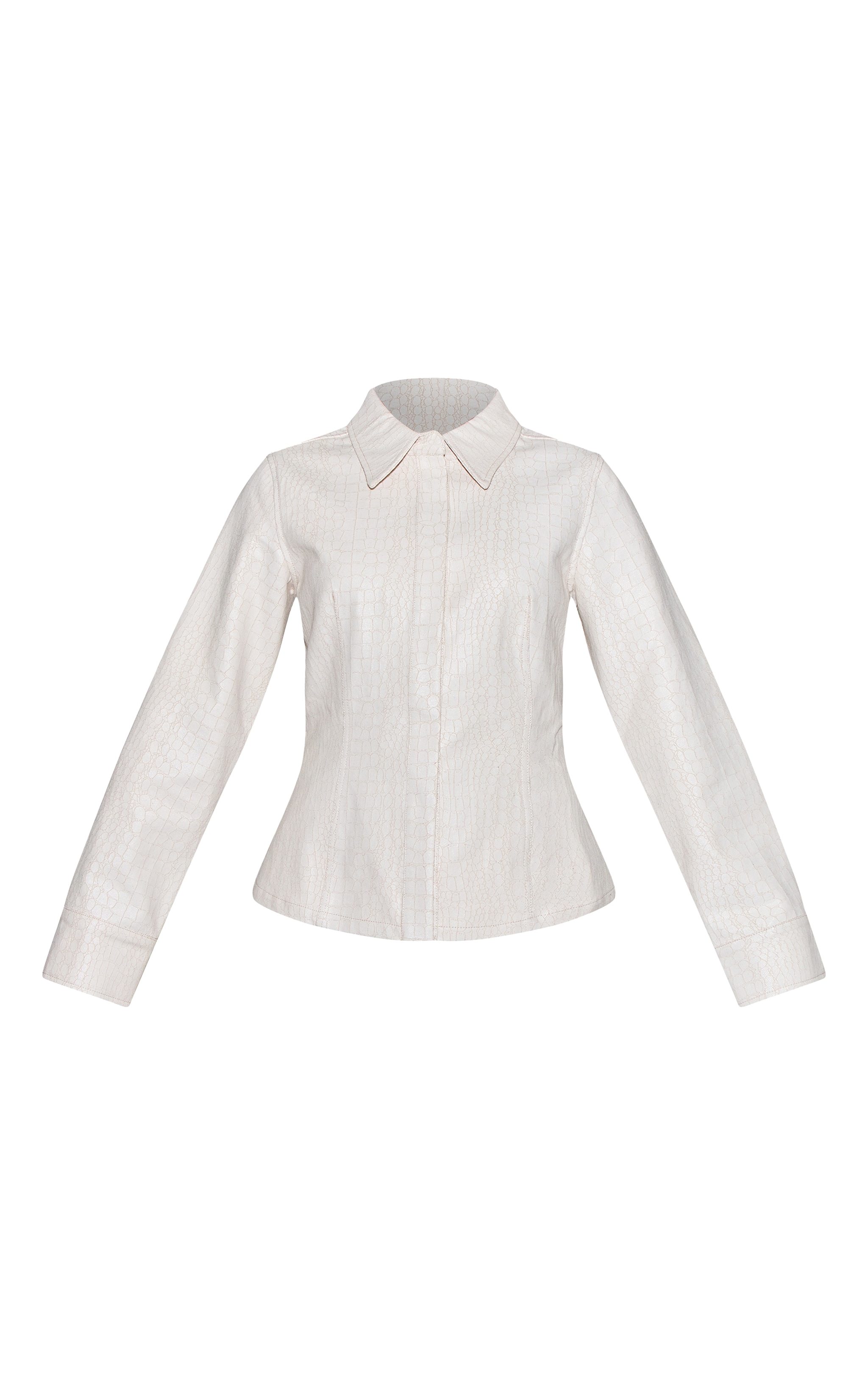 Cream Snake Print Coated Cinched Denim Shirt image 5