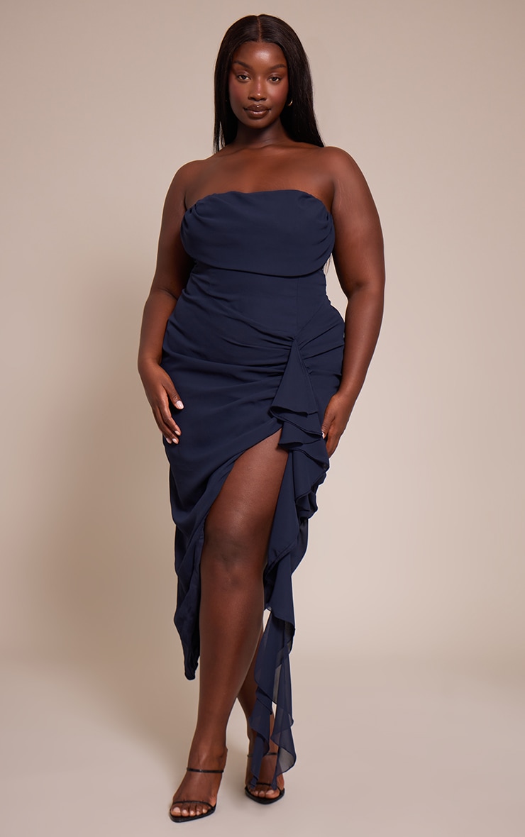 Plus Navy Chiffon Ruched Detail Off Shoulder Midi Dress image 1