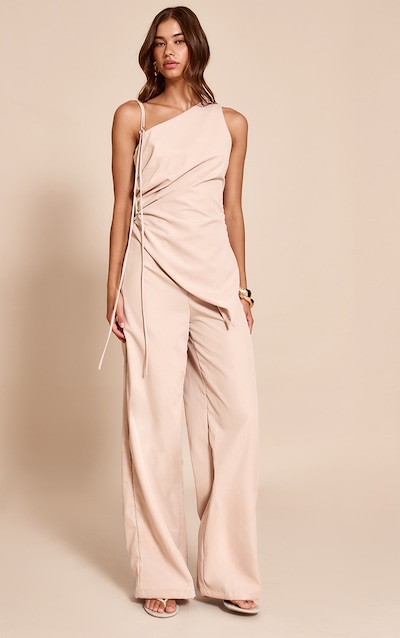 Cream Woven One Shoulder Wide Leg Jumpsuit