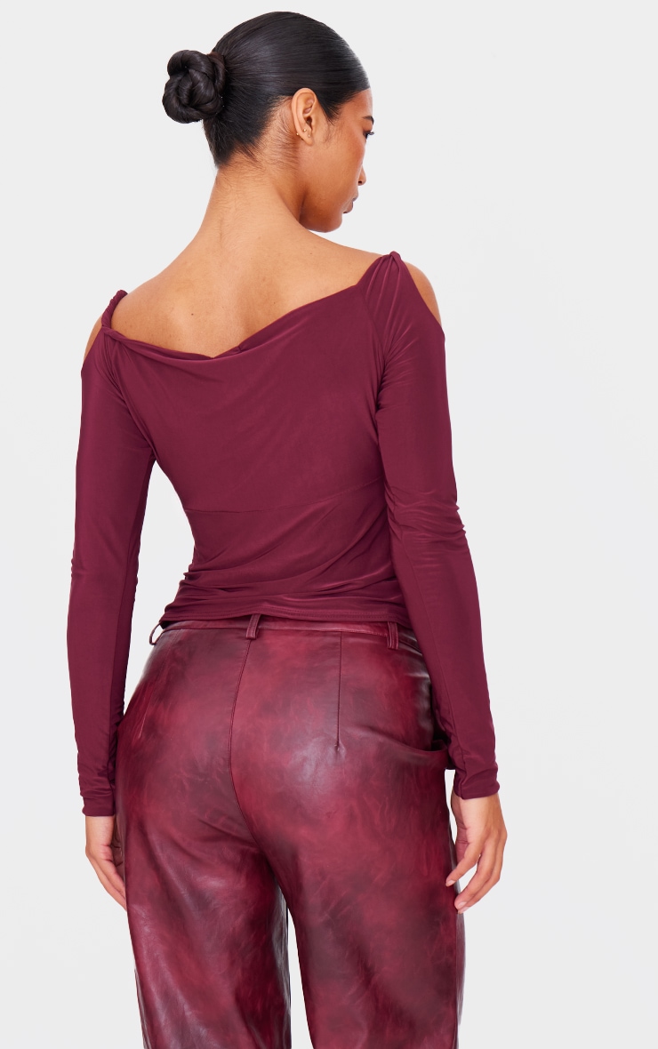 Burgundy Slinky Twist Shoulder Detail Cut Out Top image 2