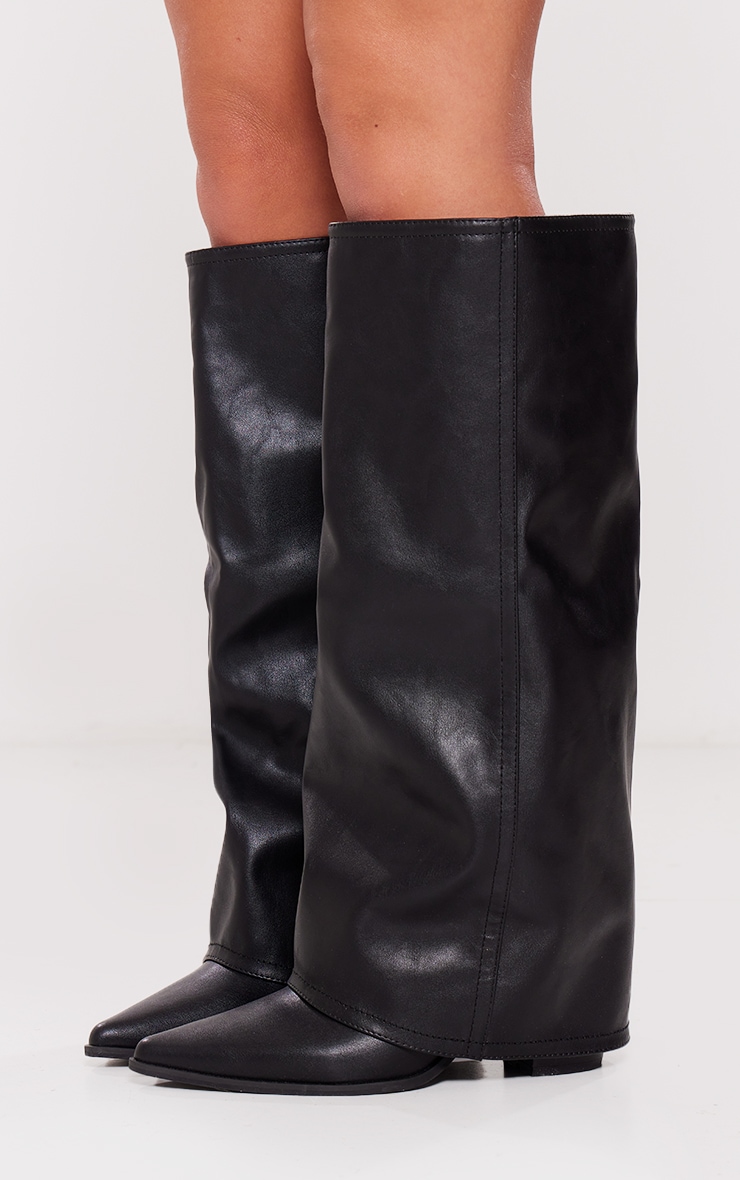 Black Wide Fit PU Fold Over Knee High Block Heeled Western Boots image 4