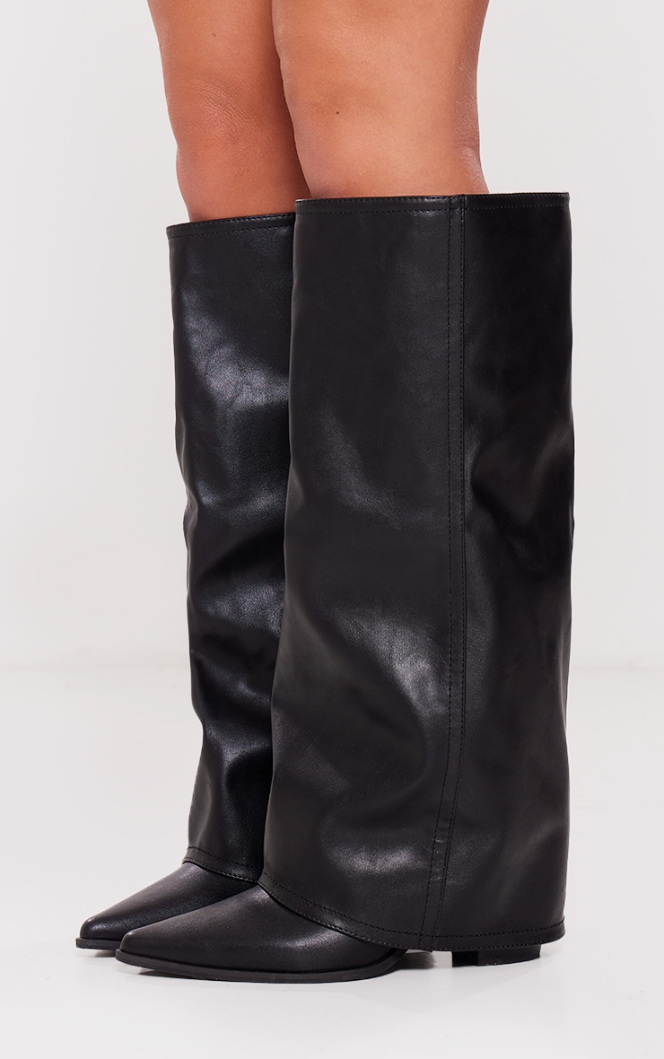 Black Wide Fit Pu Fold Over Knee High Block Heeled Western Boots image 4