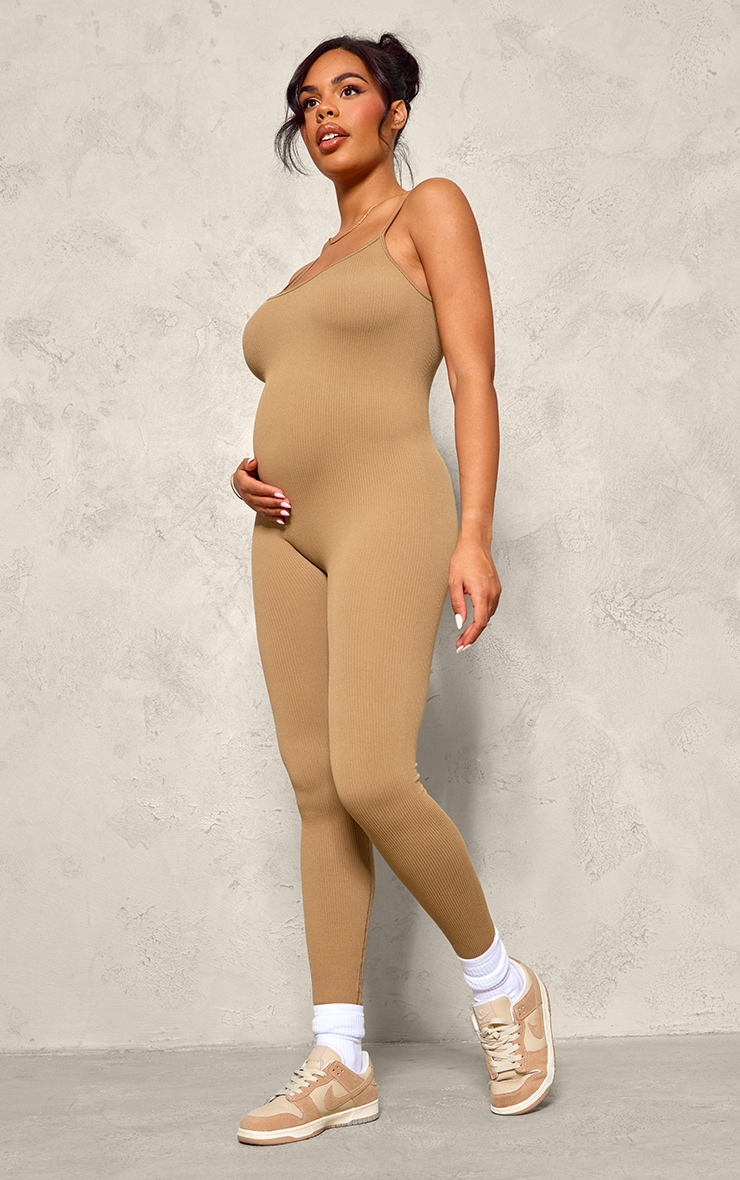 Maternity Brown Strappy Contour Ribbed Jumpsuit image 1