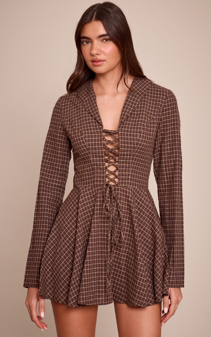 Brown Check Lace Up Long Sleeve Shift Dress image 1