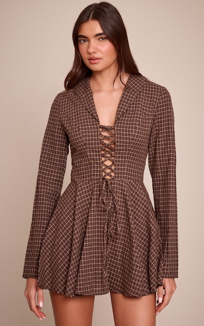 Brown Check Lace Up Long Sleeve Shift Dress