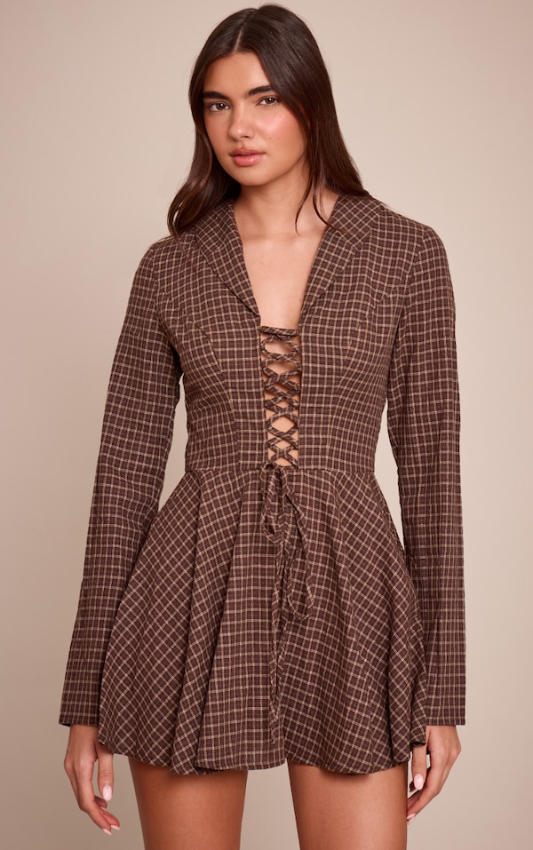 Brown Check Lace Up Long Sleeve Shift Dress